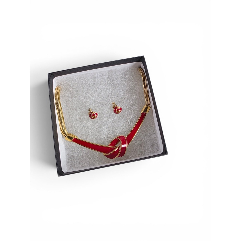 Monet Signed Gold Tone Red Enamel Jewelry Set Necklace & Earrings